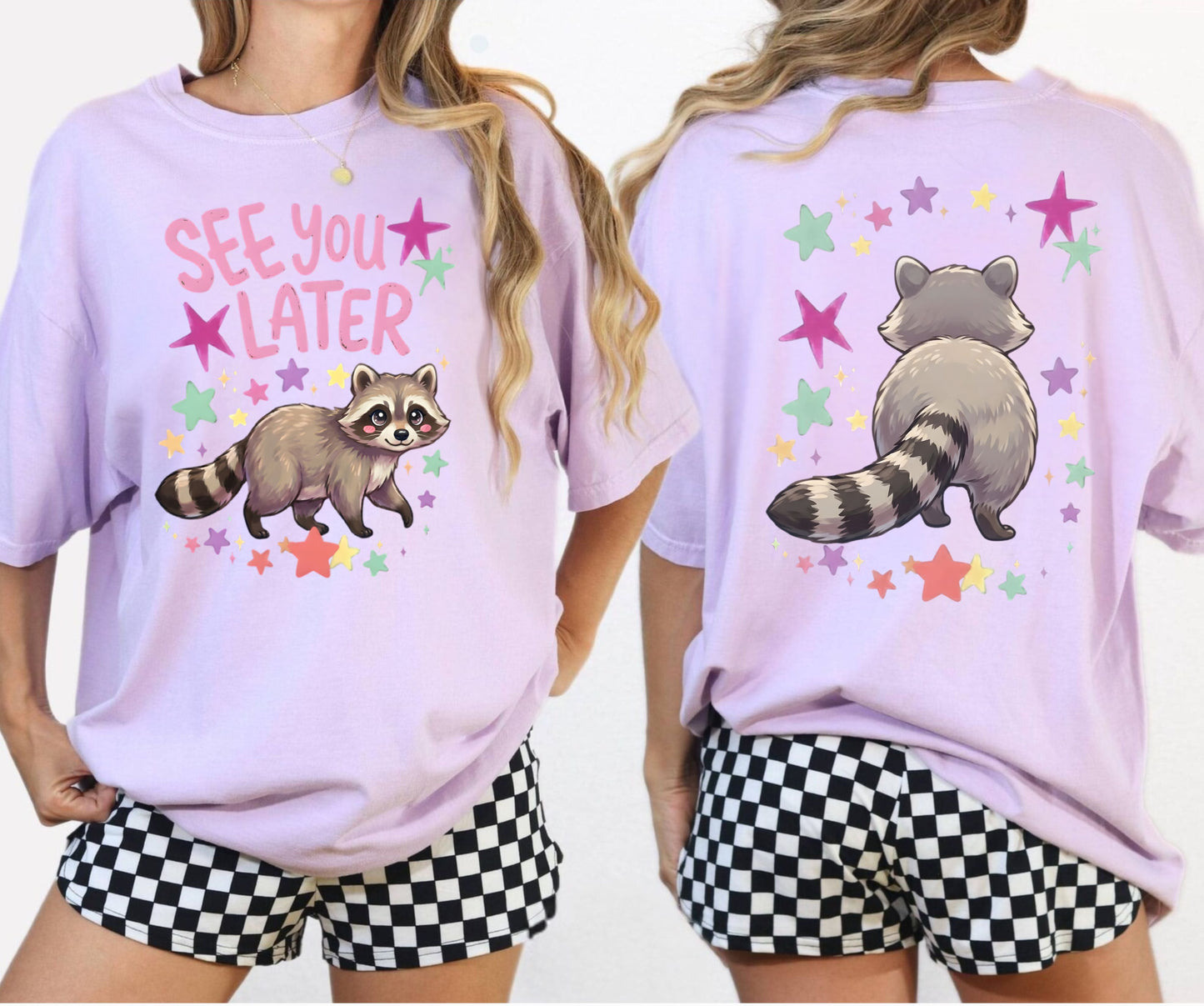 orchid t-shirt with raccoon graphic and 'See You Later' text on the front with cute raccoon and cute raccoon on back of shirt on a white background