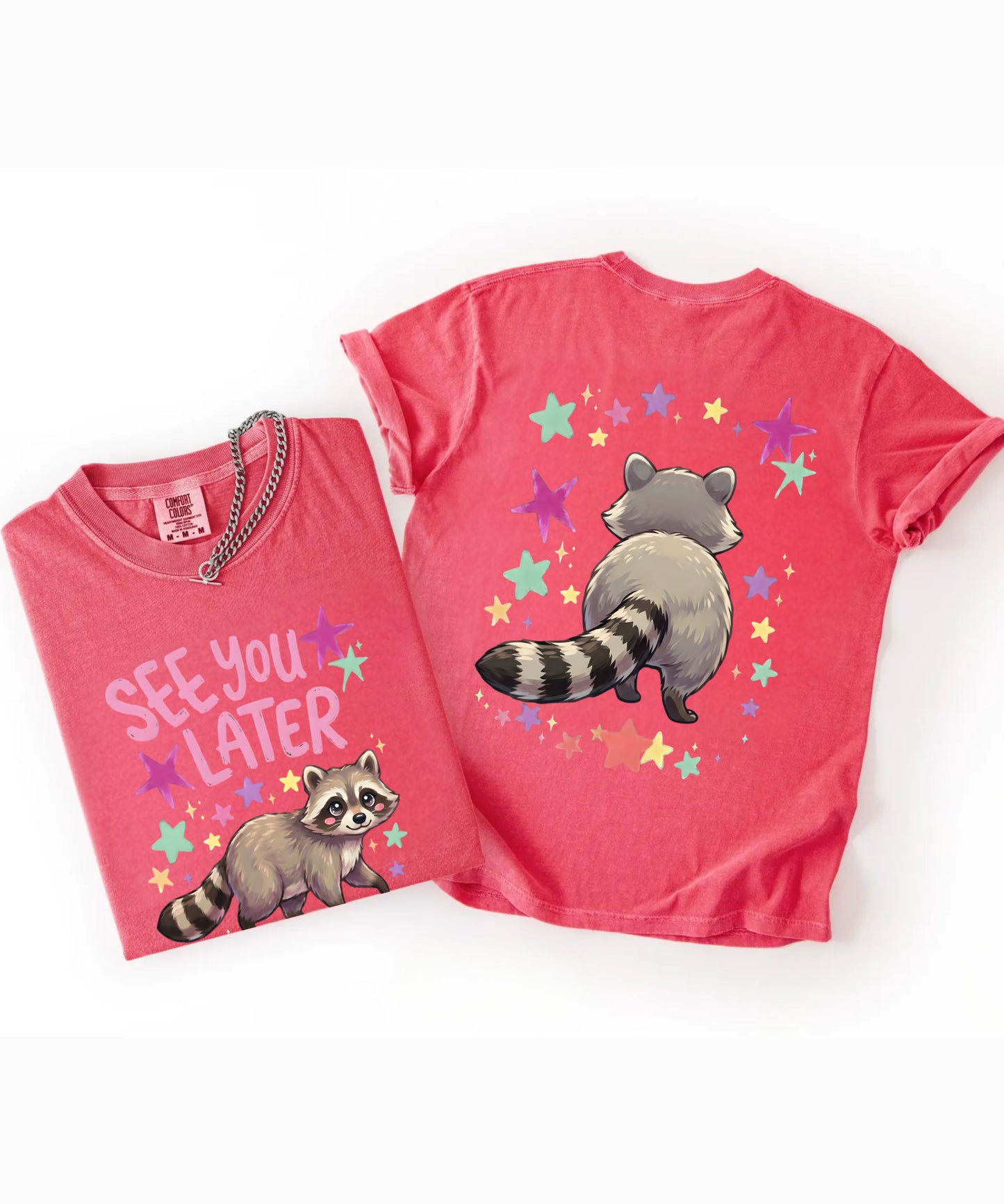 watermelon t-shirt with raccoon graphic and 'See You Later' text on the front with cute raccoon and cute raccoon on back of shirt on a white background