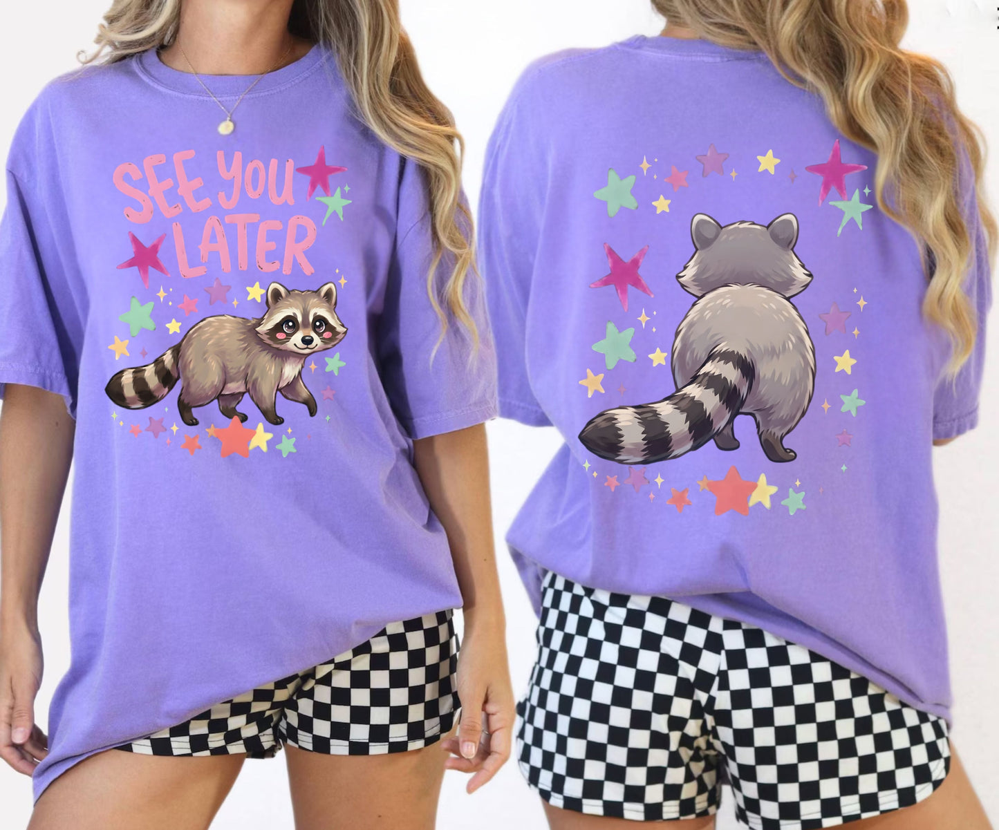 violet t-shirt with raccoon graphic and 'See You Later' text on the front with cute raccoon and cute raccoon on back of shirt on a white background