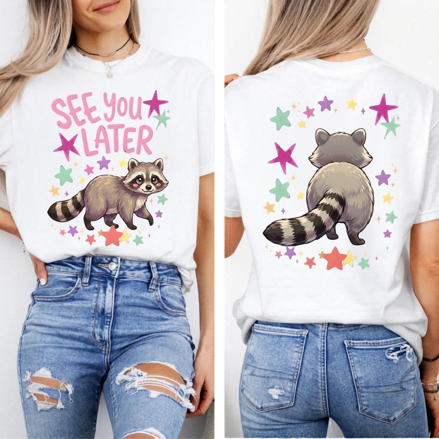 white t-shirt with raccoon graphic and 'See You Later' text on the front with cute raccoon and cute raccoon on back of shirt on a white background