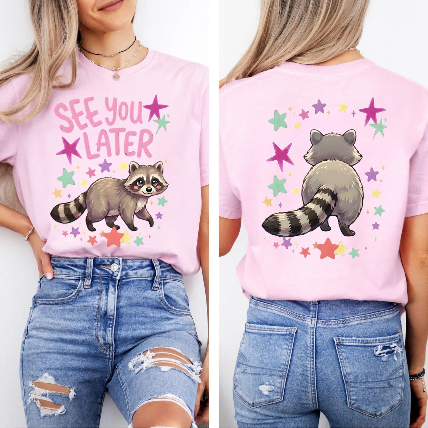 blossom t-shirt with raccoon graphic and 'See You Later' text on the front with cute raccoon and cute raccoon on back of shirt on a white background