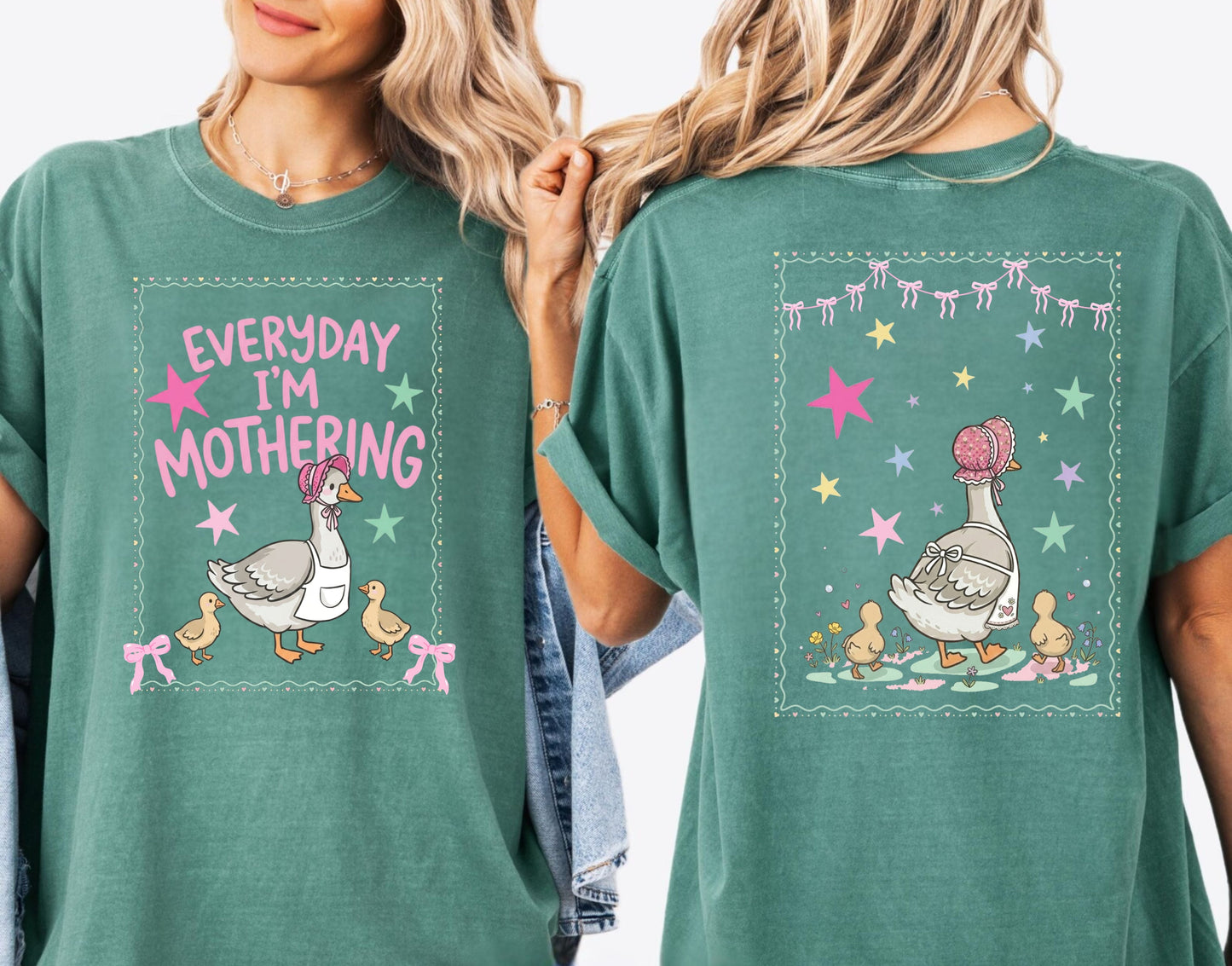 Two light green t-shirts with front and back graphic designs of a mother goose her ducklings with phrase "everyday im mothering" and text on a white background