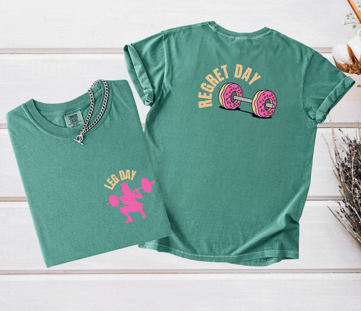 Regret Day Weightlifting T-Shirt in Light Green – garment-dyed heavyweight cotton tee with barbell graphic