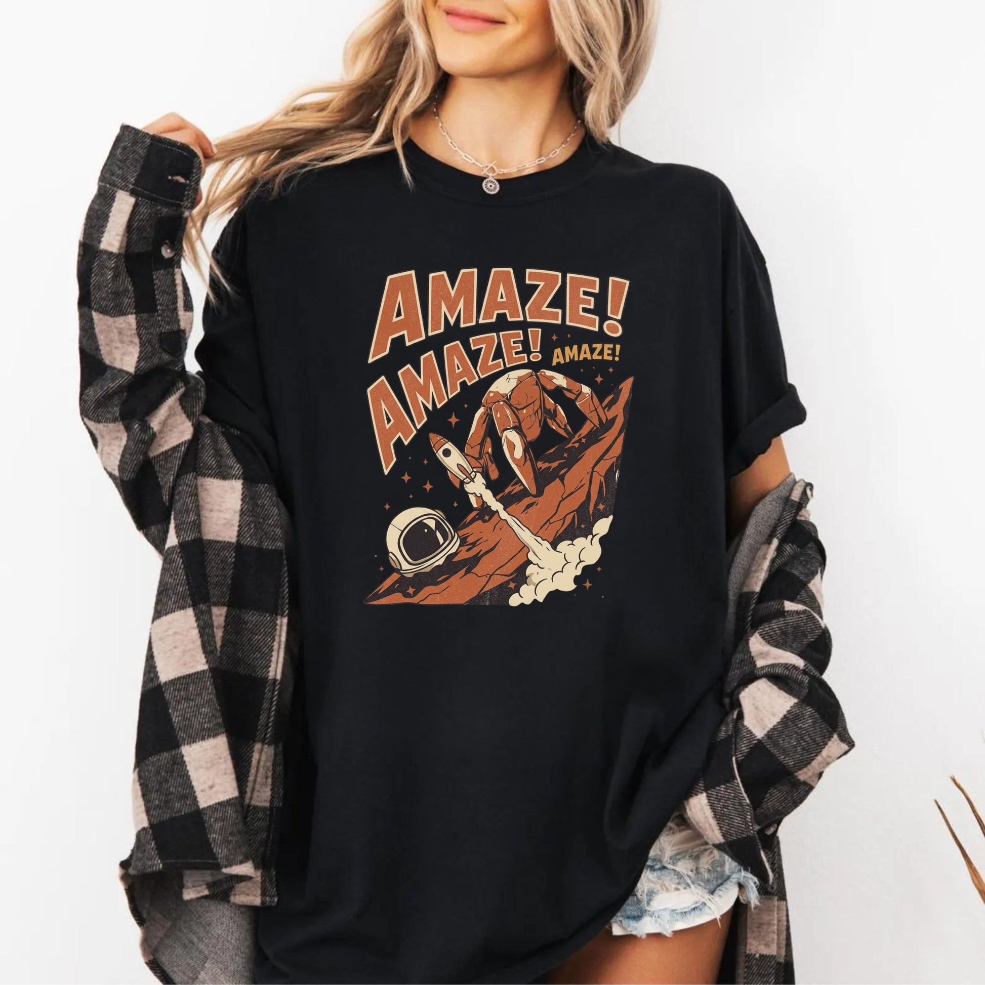 Amaze Rocky Comfort Colors Shirt in Black – sci-fi graphic tee, soft garment-dyed unisex fit
