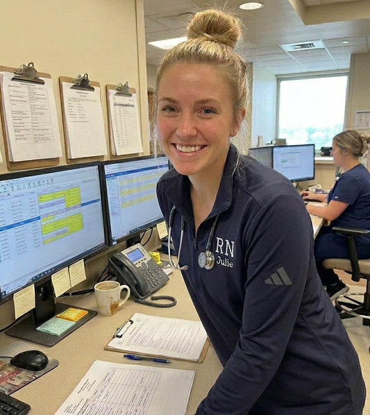 Nurse in a navy blue shirt with 'RN' on a desk in a medical office setting.