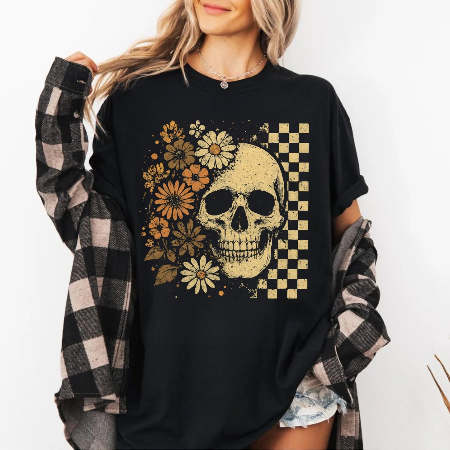 Skull & Daisies Halloween Graphic T-Shirt