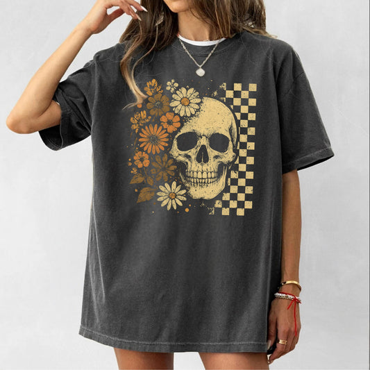 Skull & Daisies Halloween Graphic T-Shirt