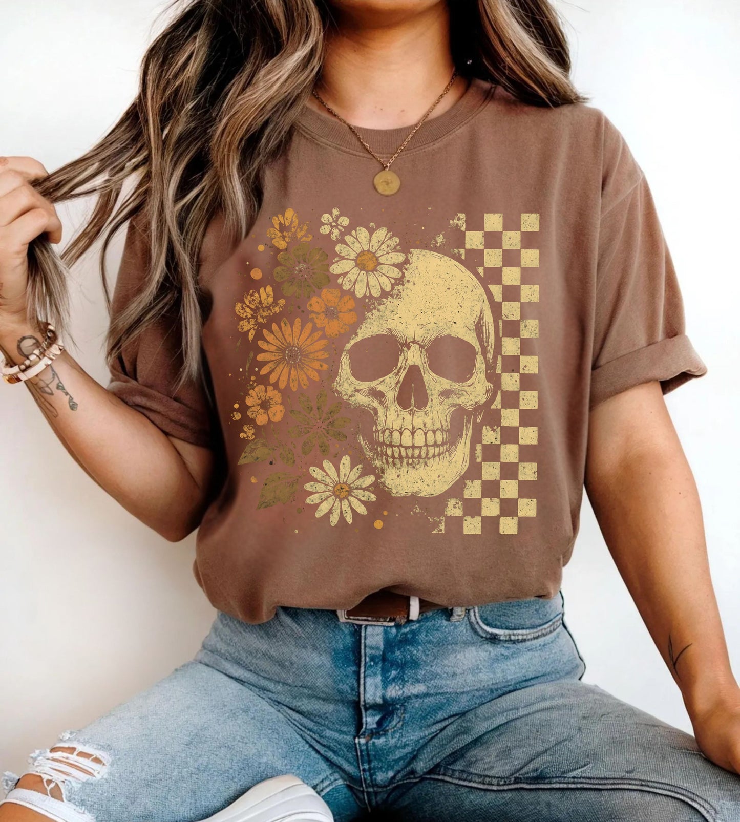 Skull & Daisies Halloween Graphic T-Shirt