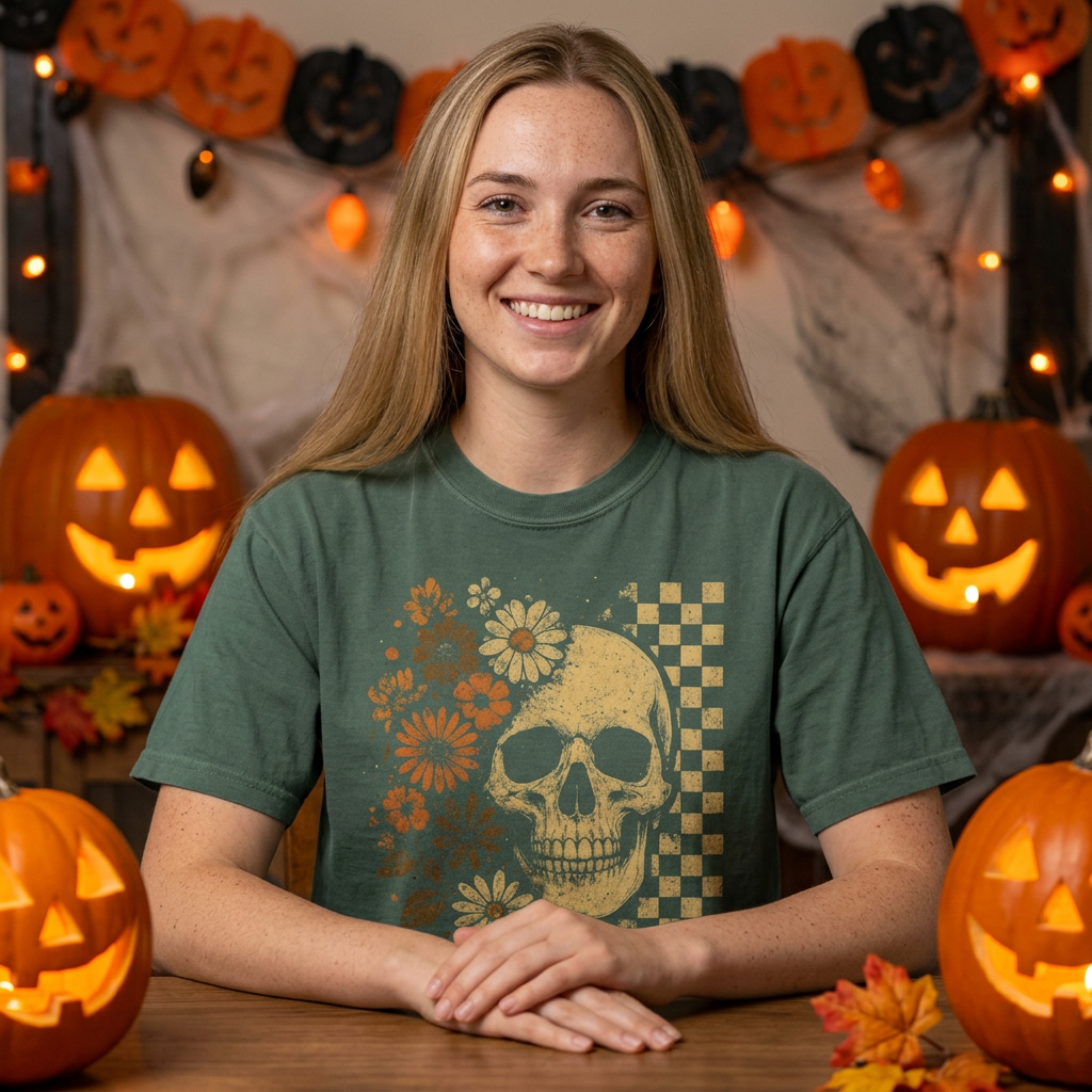 Skull & Daisies Halloween Graphic T-Shirt
