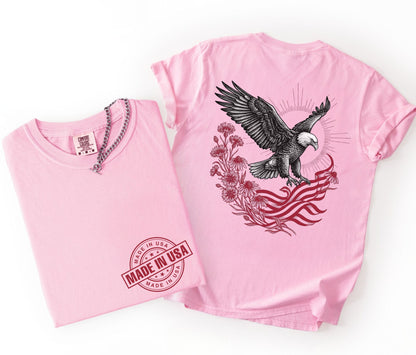 blossom t-shirt with eagle and flag design on a white background