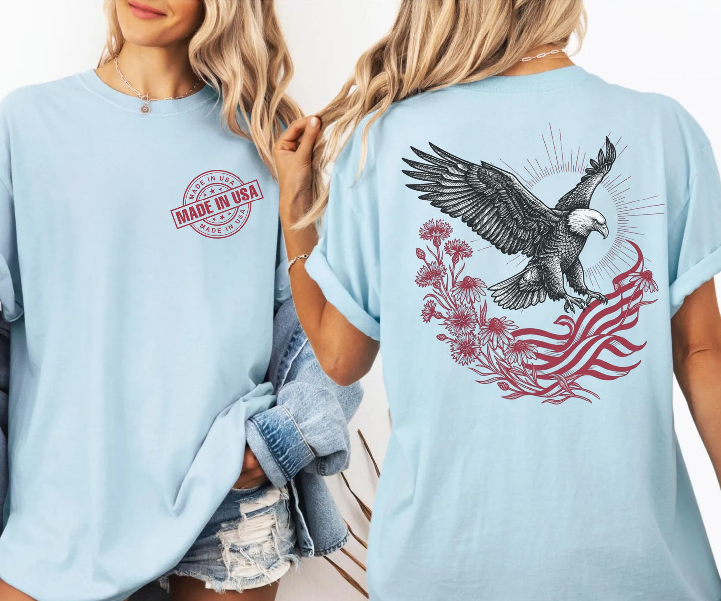 chambray t-shirt with eagle and flag design on the back, worn by a person.