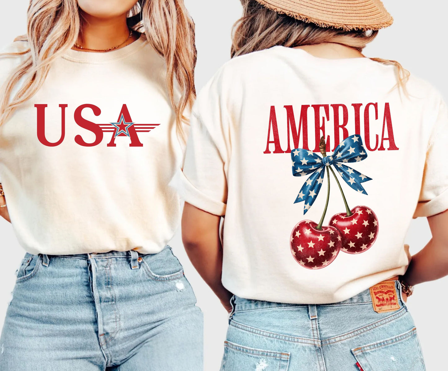 Two people wearing matching t-shirts with 'USA' and 'AMERICA' designs.