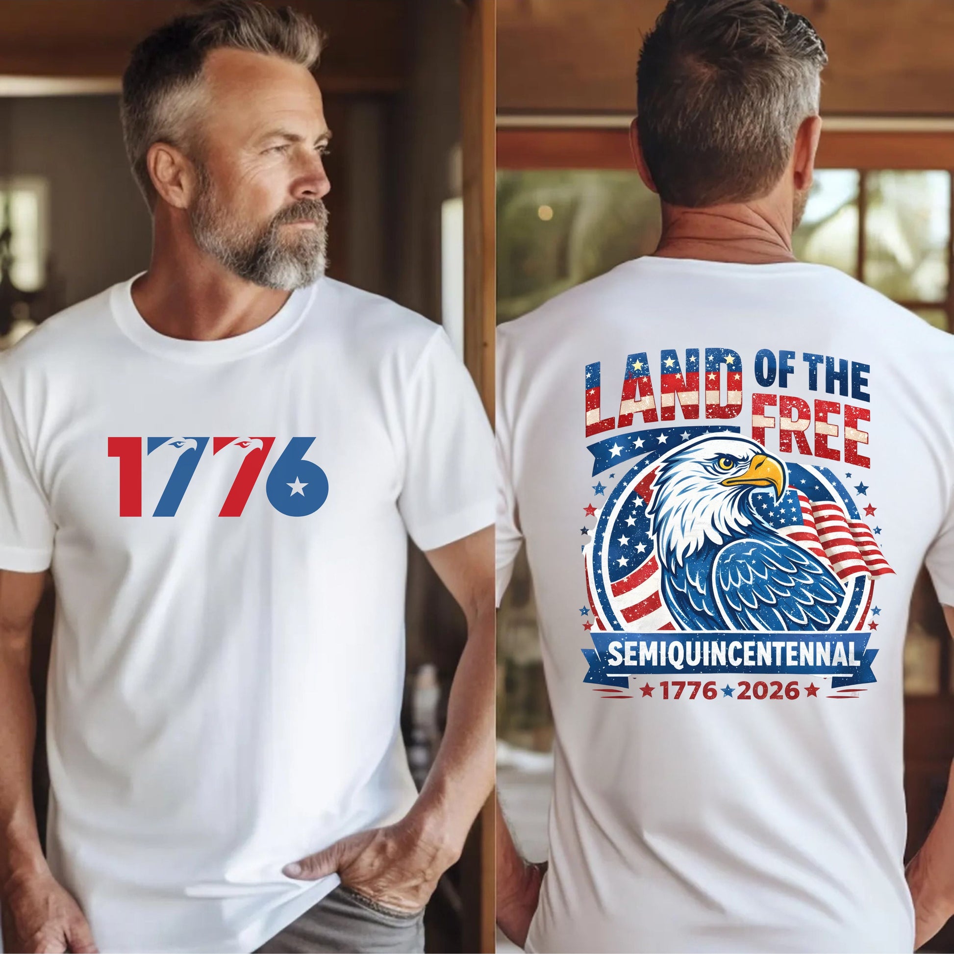 Man wearing a white t-shirt with '1776' on the front and 'Land of the Free Semiquincentennial 1776-2026' on the back.