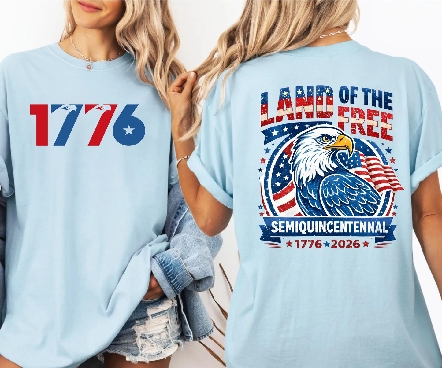 chambray t-shirt with 'Land of the Free' design featuring an eagle and American flag, worn by a person.