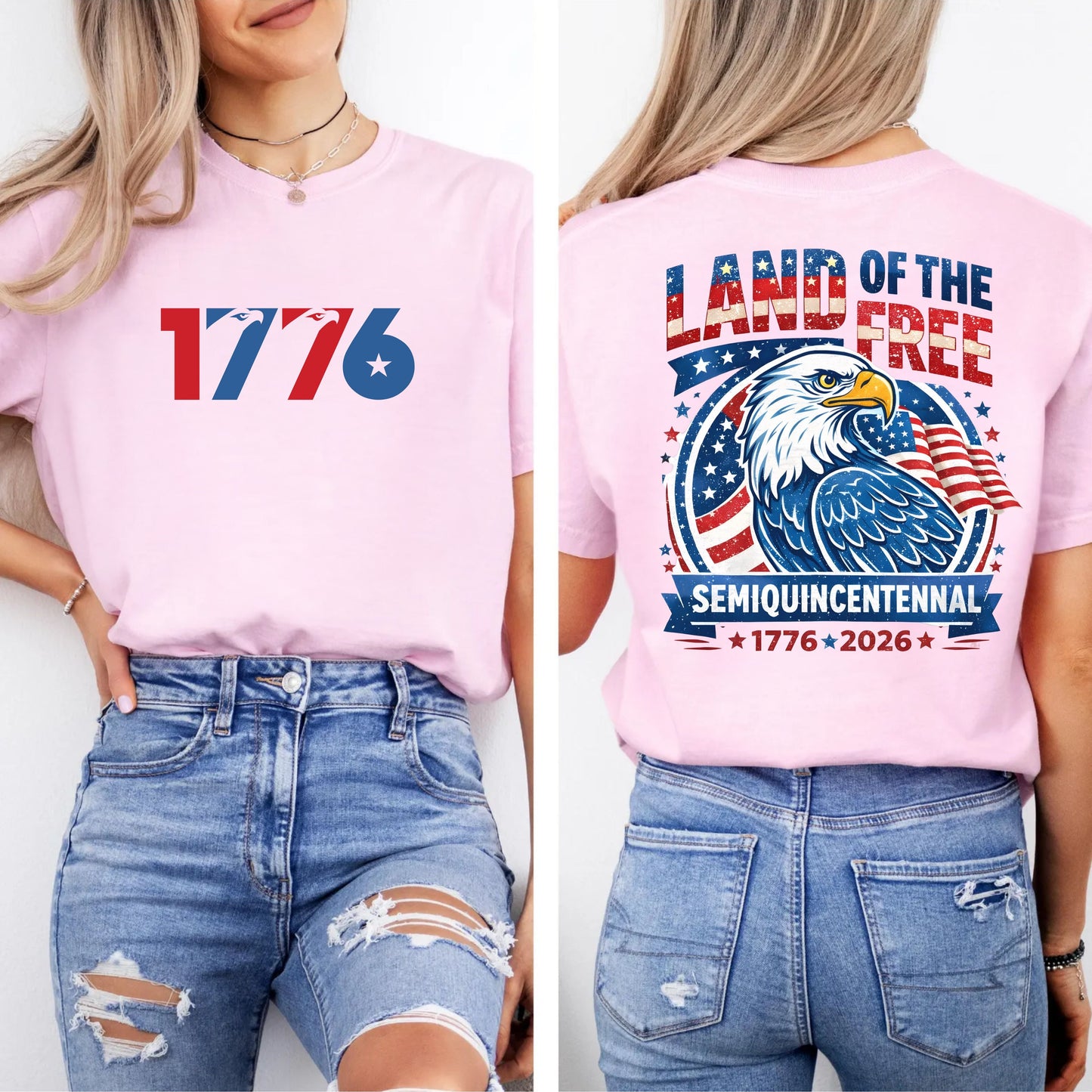 blossom t-shirt with '1776' on the front and 'Land of the Free' design on the back, worn by a person.