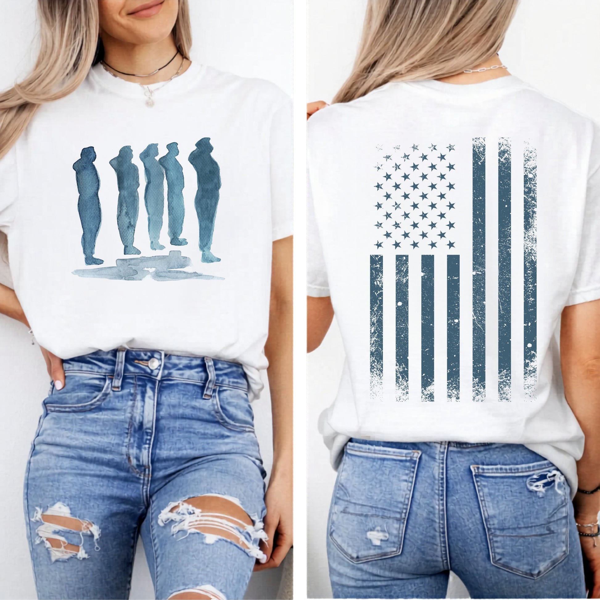 White t-shirt with blue graphic design  of soldiers and a flag on front and back 