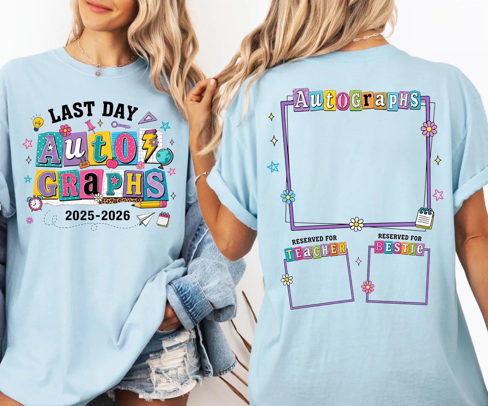 chambray t-shirt with 'Last Day Autographs' text and graphic on front and back