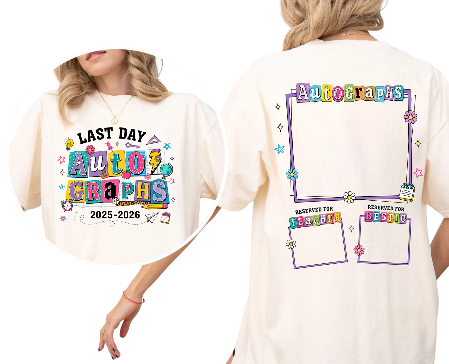 Ivory t-shirt with 'Last Day of Autographs' design on front and back
