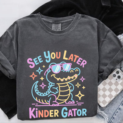 pepper t-shirt with colorful 'See You Later Kinder Gator' design on a white background