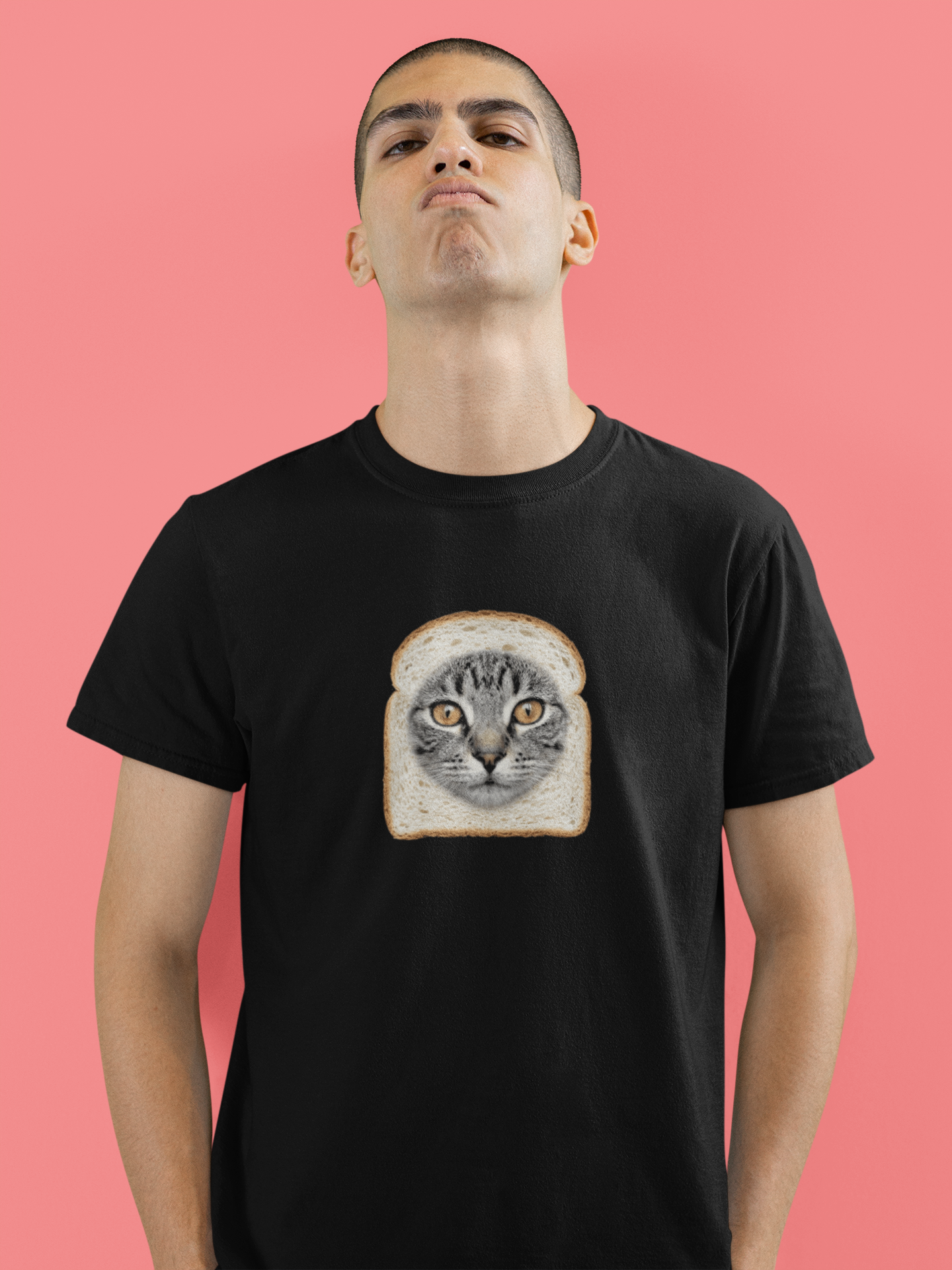 Person wearing a black t-shirt with a cat on toast graphic against a pink background