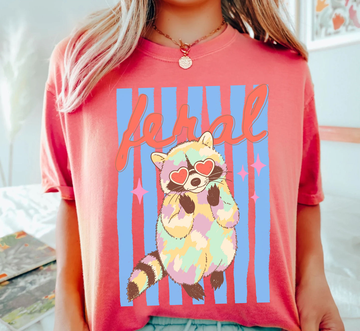Raccoon Vibes T-Shirt in Watermelon – relaxed fit graphic tee
