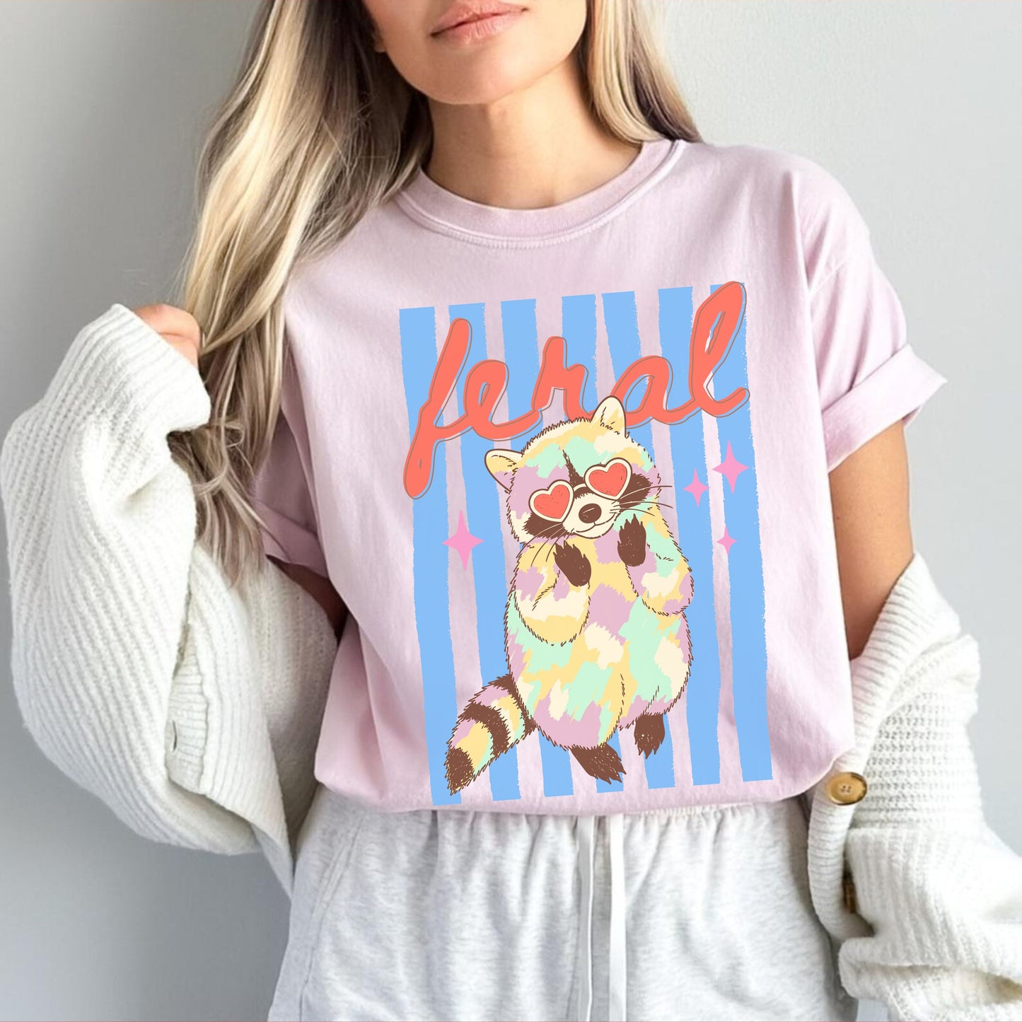 Raccoon Vibes T-Shirt in Blossom – garment-dyed pastel graphic tee