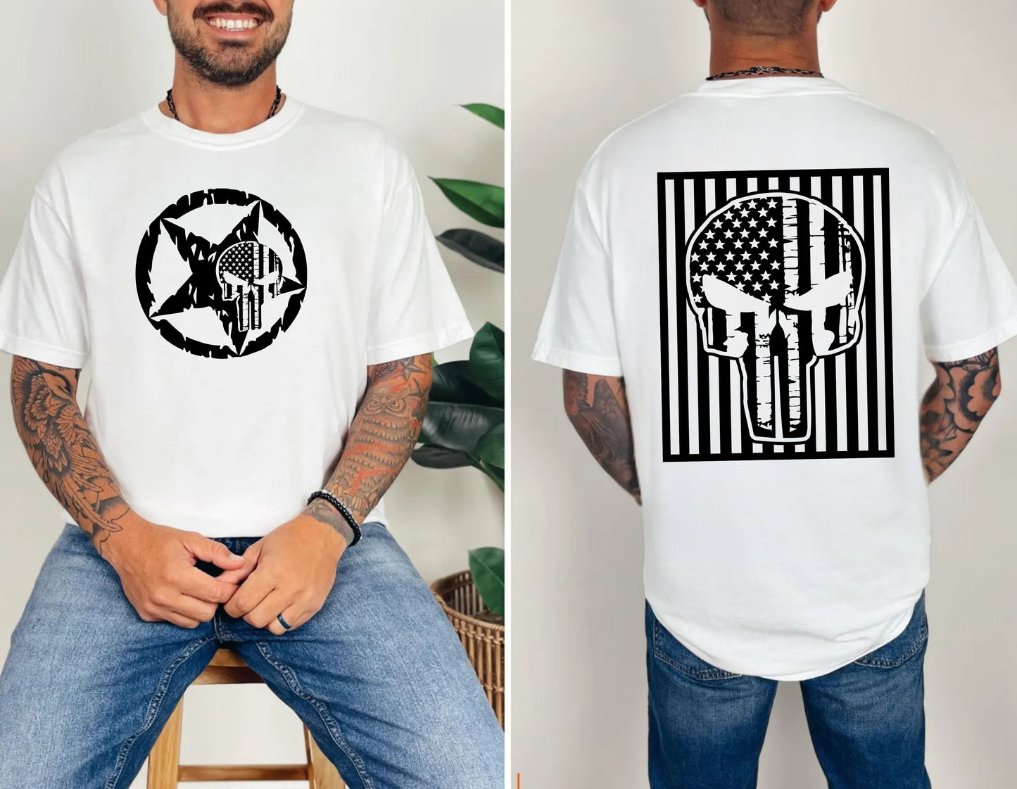 white t-shirt with white star and circle design on front, and Punisher skull design on back