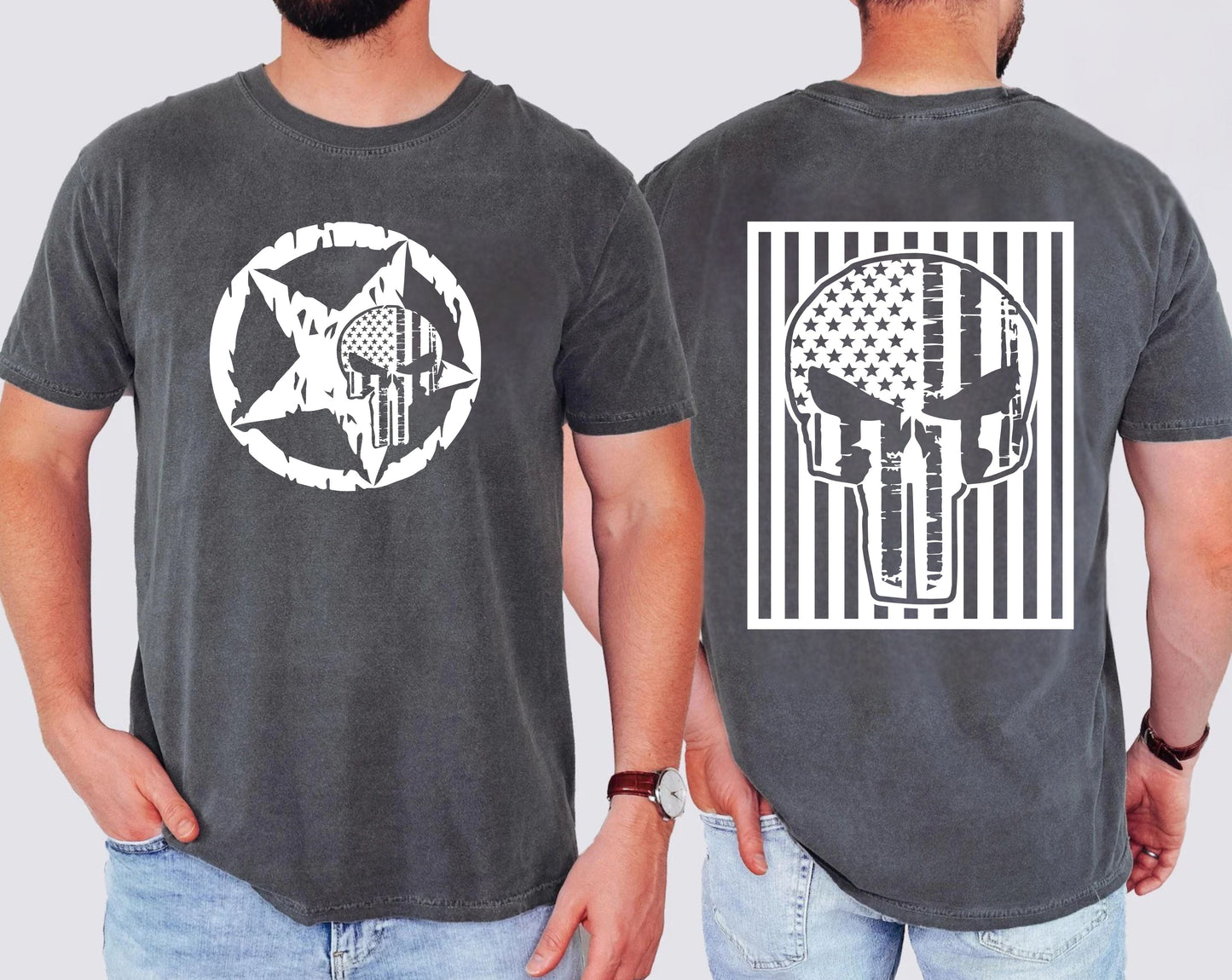 Pepper t-shirt with white star and circle design on front, and Punisher skull design on back