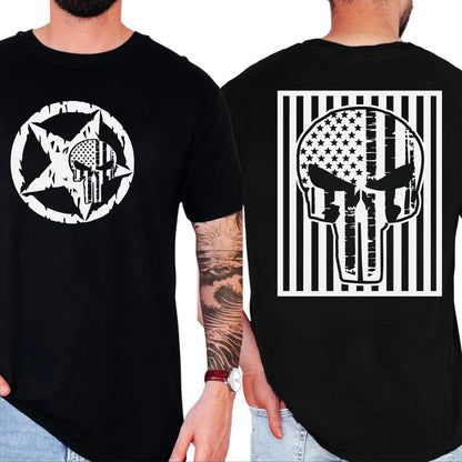 Black t-shirt with white star and circle design on front, and Punisher skull design on back, worn by a person.
