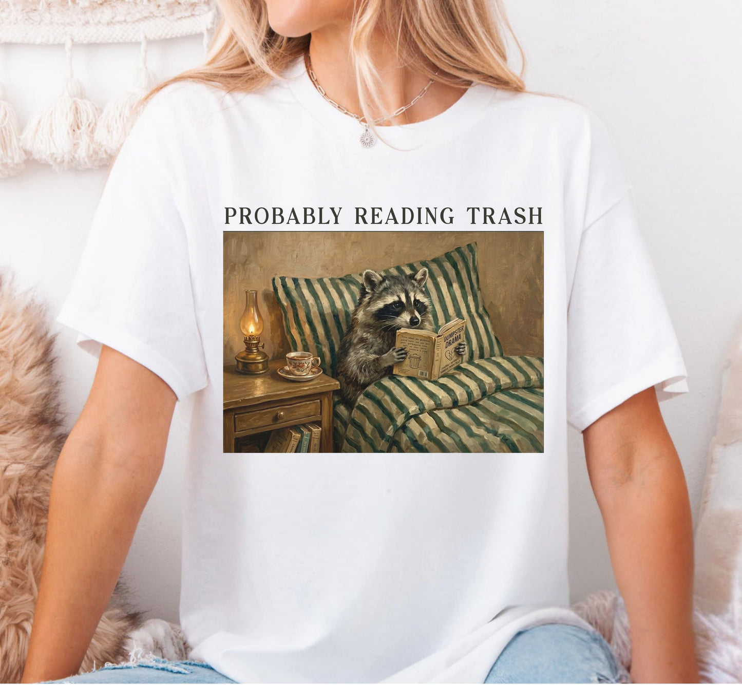 Raccoon Probably Reading Trash T-Shirt in White – Funny Bookish Graphic Tee