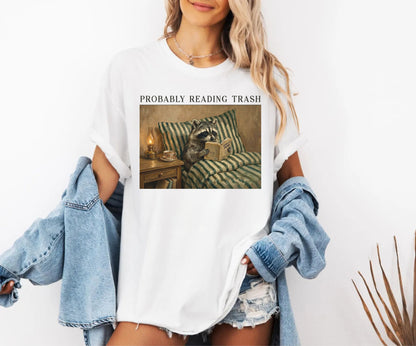 Raccoon Probably Reading Trash T-Shirt in White – Funny Bookish Graphic Tee