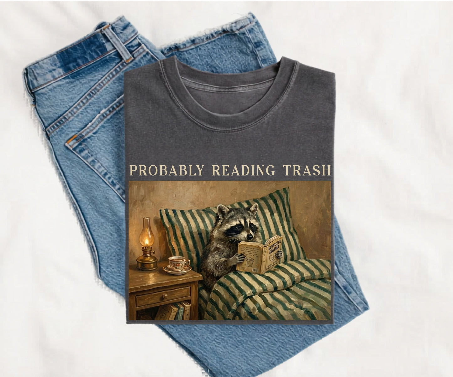 Raccoon Probably Reading Trash T-Shirt in Pepper – Funny Bookish Graphic Tee