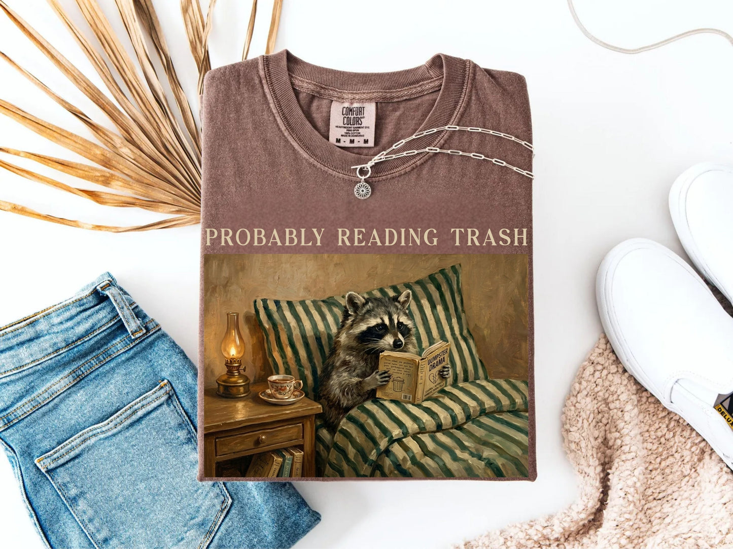 Raccoon Probably Reading Trash T-Shirt in Espresso– Funny Bookish Graphic Tee