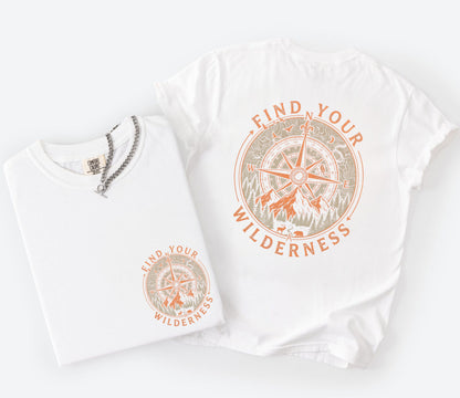 White tshirt with 'Find Your Wilderness' compass design on a white background