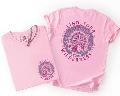 Blossom t-shirt with 'Find Your Wilderness' design on a white background