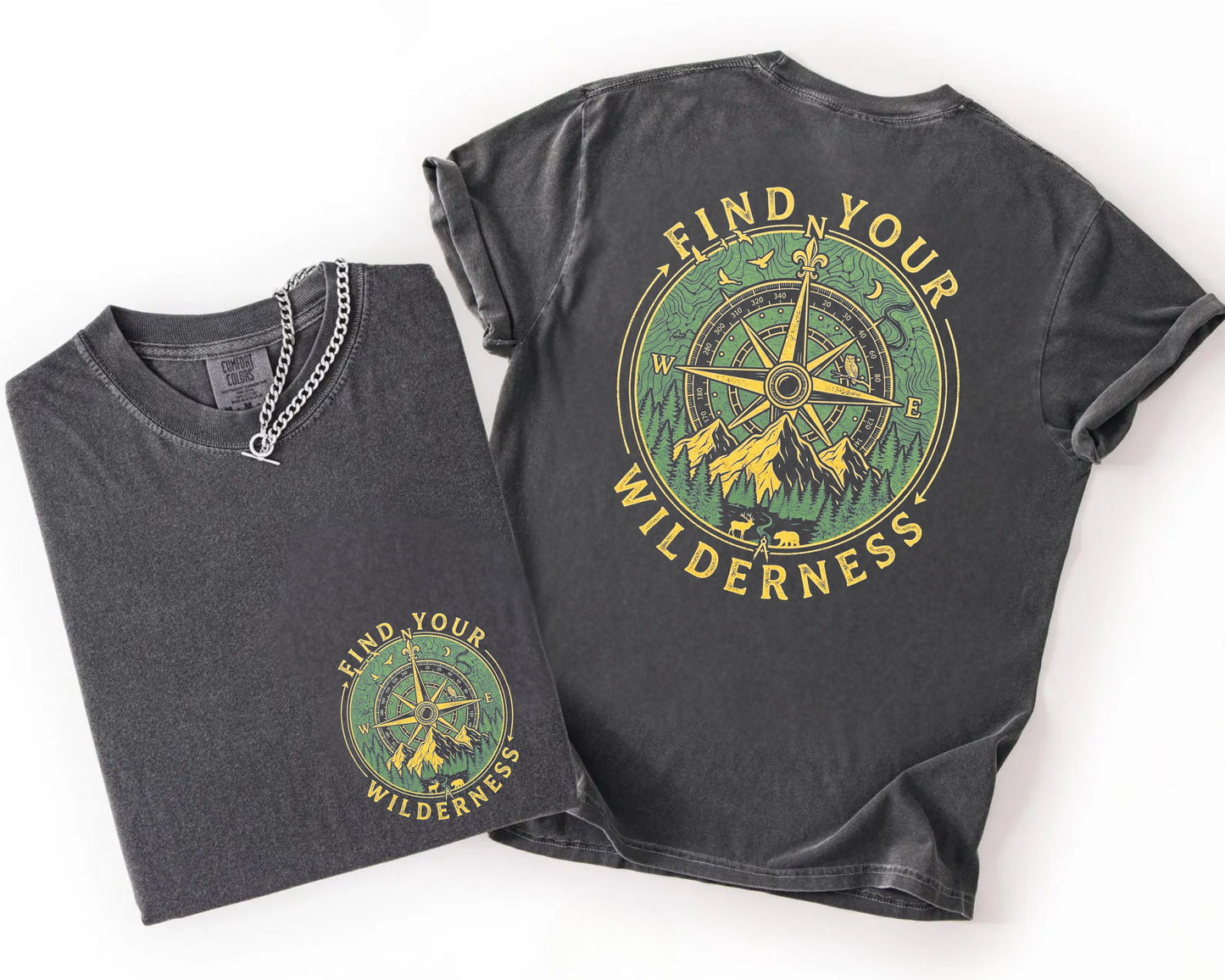 Pepper colored t-shirt with 'Find Your Wilderness' design on a white background