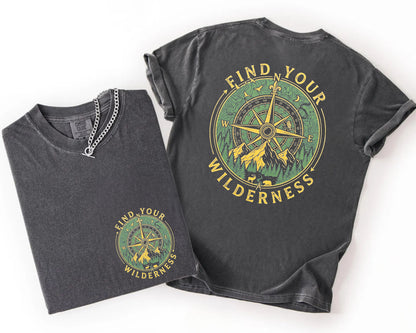 Pepper colored t-shirt with 'Find Your Wilderness' design on a white background
