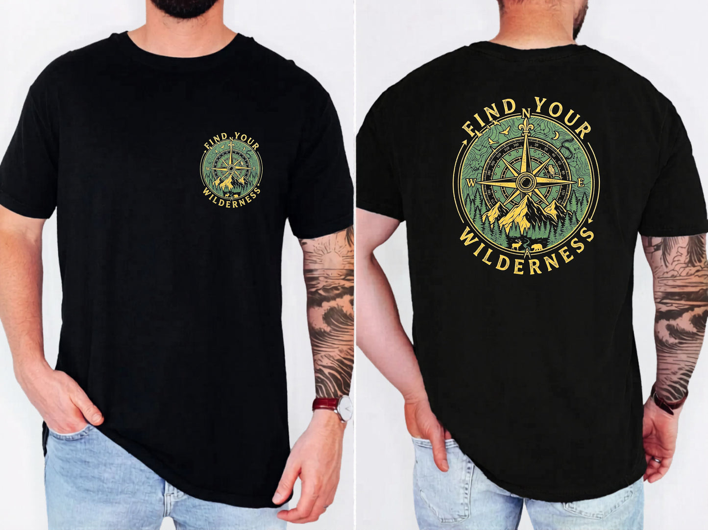 Black t-shirt with compass design and 'Find Your Wilderness' text on front and back, worn by a person.