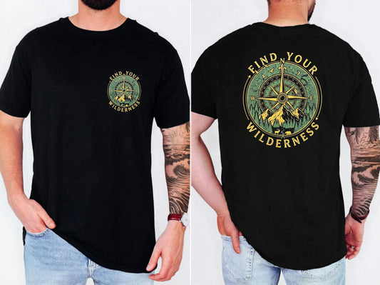 Black t-shirt with compass design and 'Find Your Wilderness' text on front and back, worn by a person.