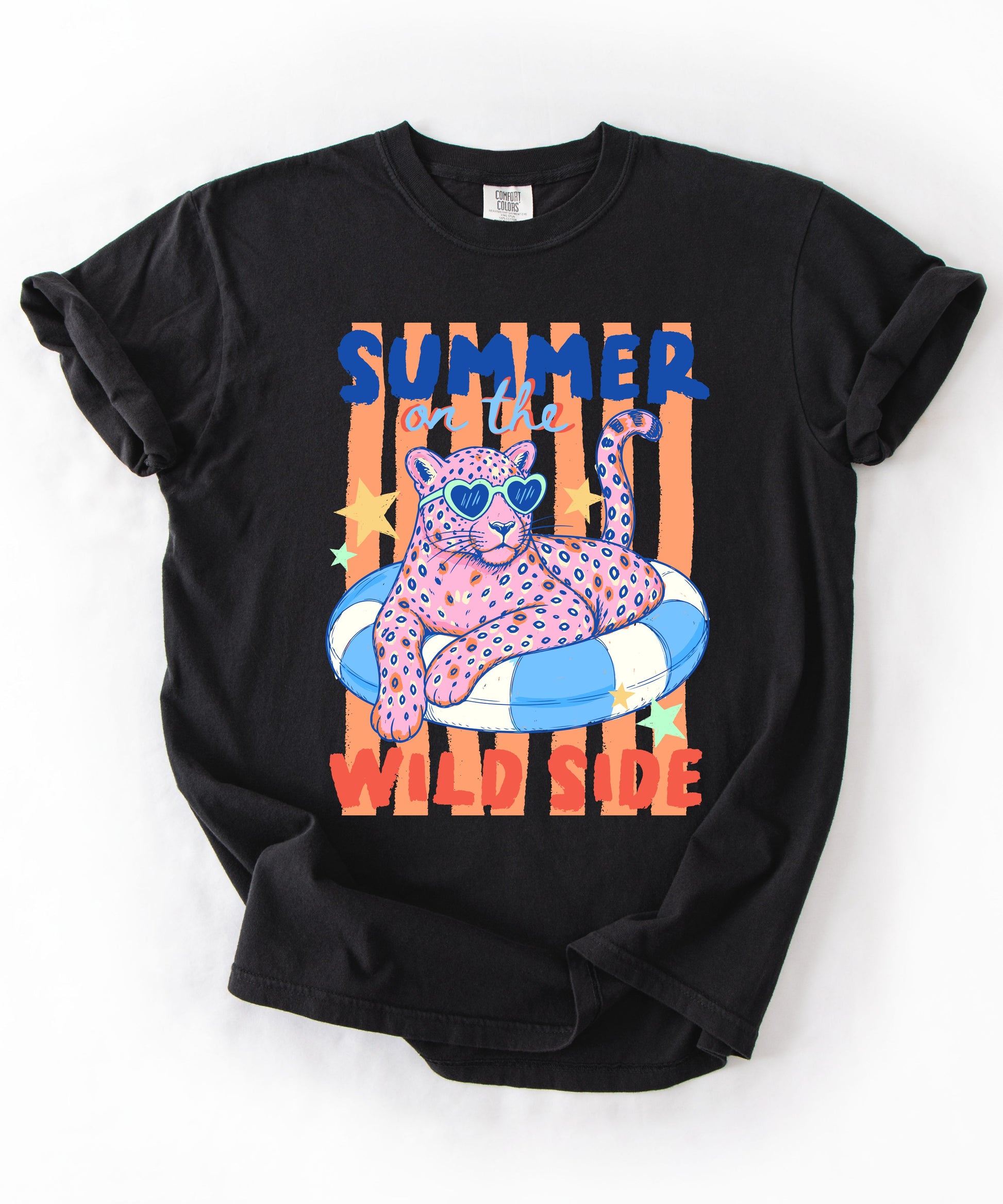 Black t-shirt with a colorful graphic of a panther on an inner tube and text 'Summer on the Wild Side' on a white background.