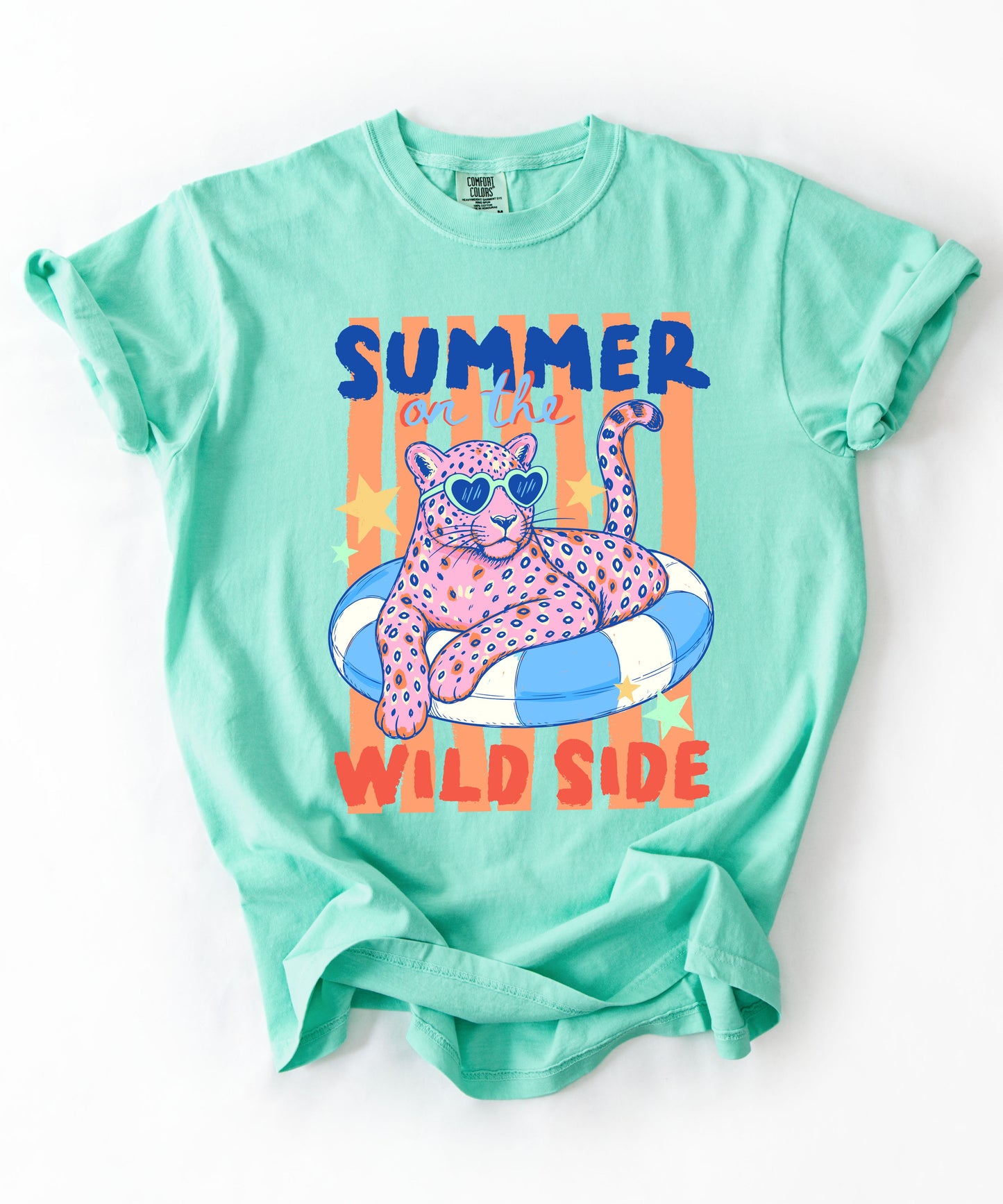 island reef green t-shirt with a colorful graphic of a leopard and text on a white background