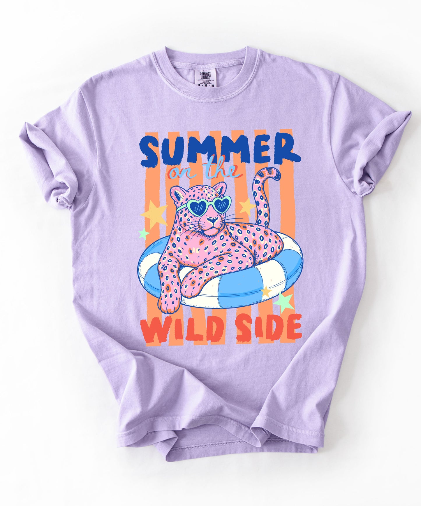 orchid colored  t-shirt with a graphic of a leopard on an inflatable ring and 'Summer on the Wild Side' text.