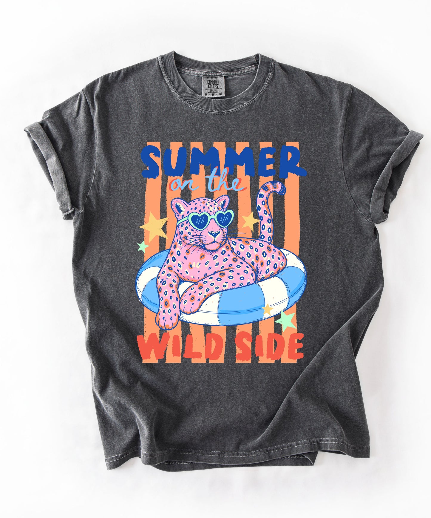 pepper colored  t-shirt with a graphic of a leopard on an inflatable ring and 'Summer on the Wild Side' text.