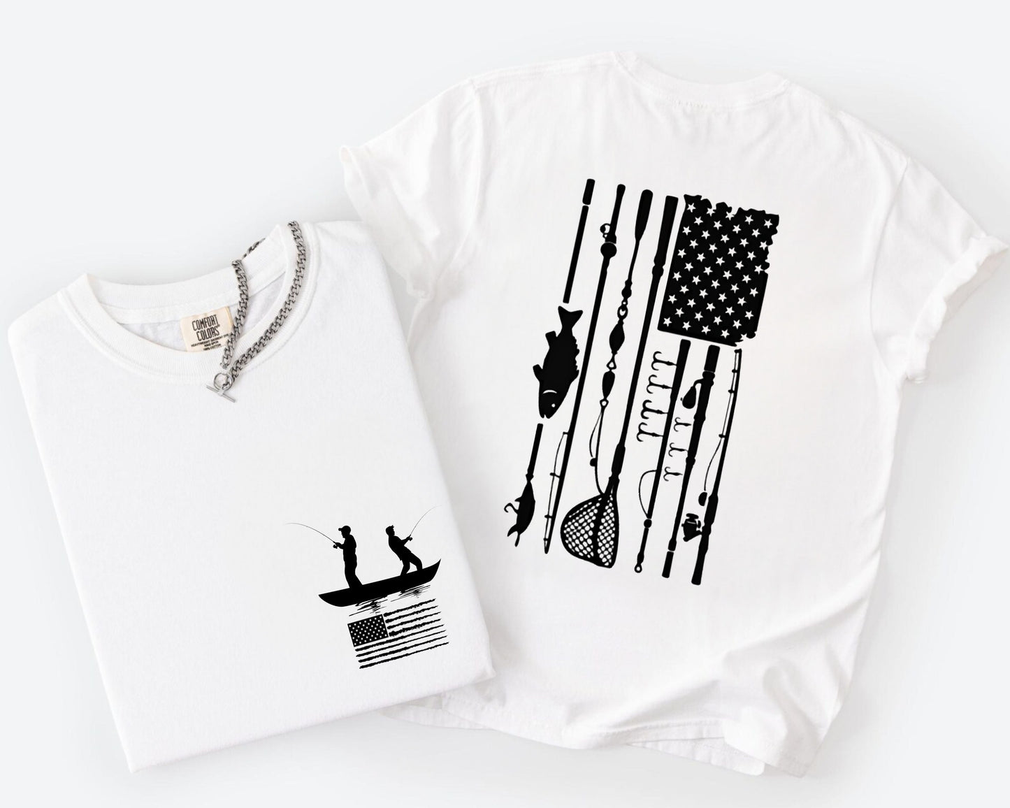 Fishing Flag T-Shirt in white color— American flag fishing graphic tee, front view