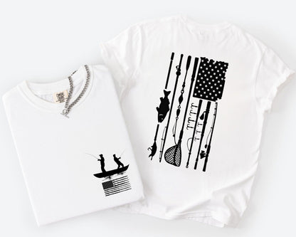 Fishing Flag T-Shirt in white color— American flag fishing graphic tee, front view