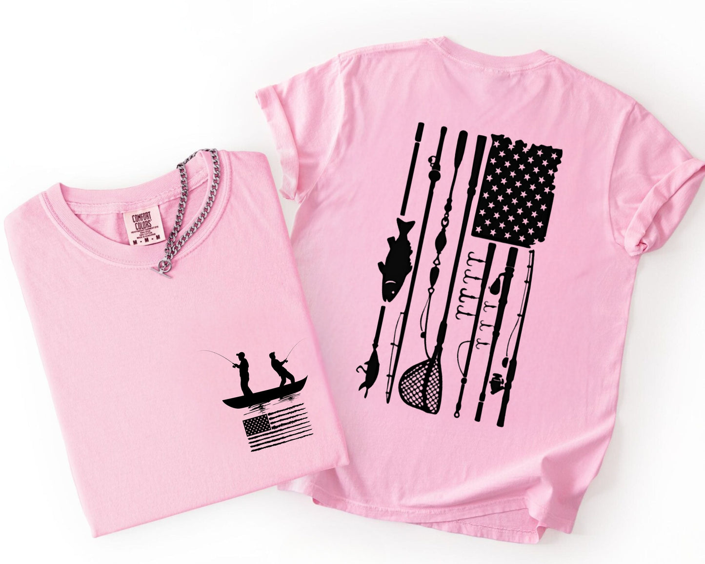 Fishing Flag T-Shirt in blossom color— American flag fishing graphic tee, front view