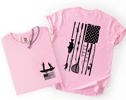 Fishing Flag T-Shirt in blossom color— American flag fishing graphic tee, front view