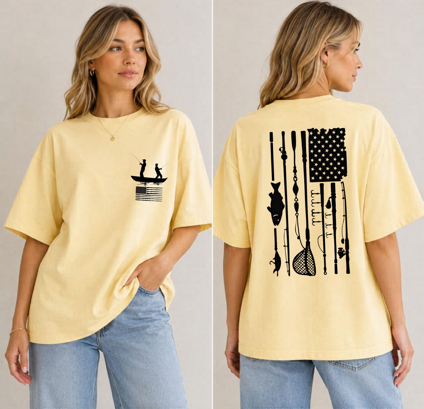 Fishing Flag T-Shirt in butterr color— American flag fishing graphic tee, front view