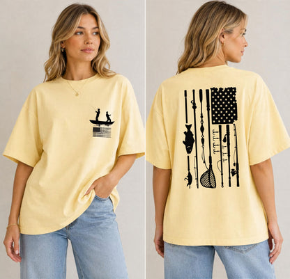 Fishing Flag T-Shirt in butterr color— American flag fishing graphic tee, front view