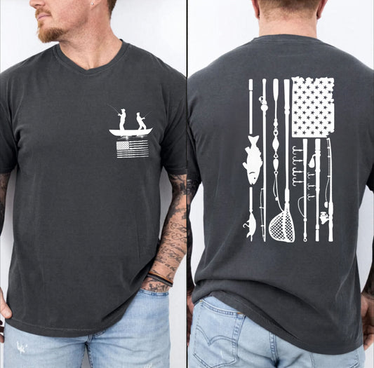 Fishing Flag T-Shirt in pepper color— American flag fishing graphic tee, front view
